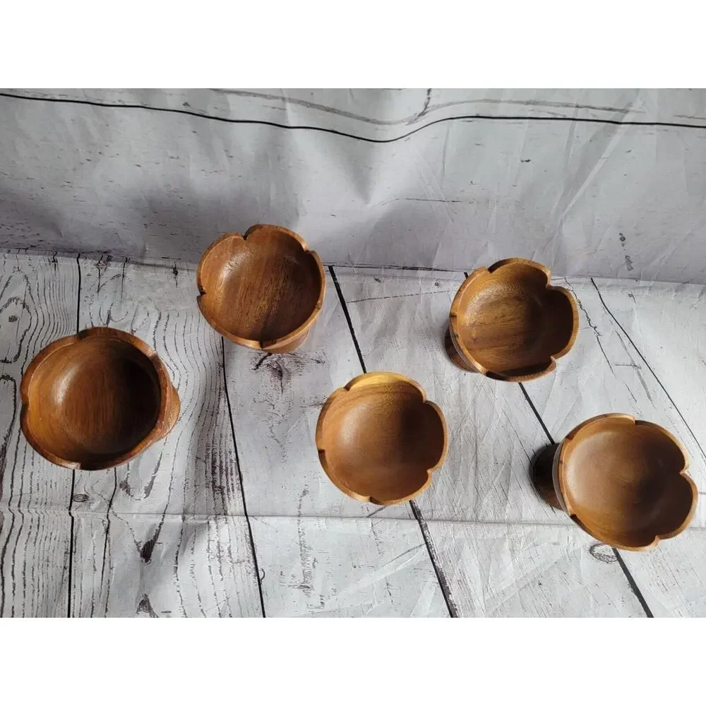 Set Of 5 Vintage Teakwood Pedestal Dessert Servers cups Boho Style Tropic Summer